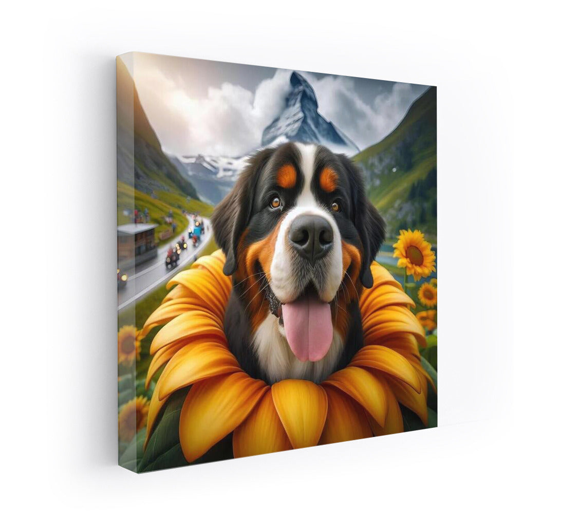 Bernese Mountain Dog on a Giant Flower: A Dream Journey
