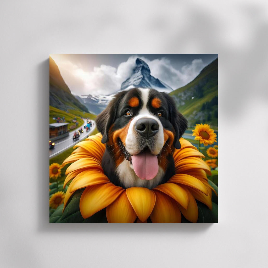 Bernese Mountain Dog on a Giant Flower: A Dream Journey