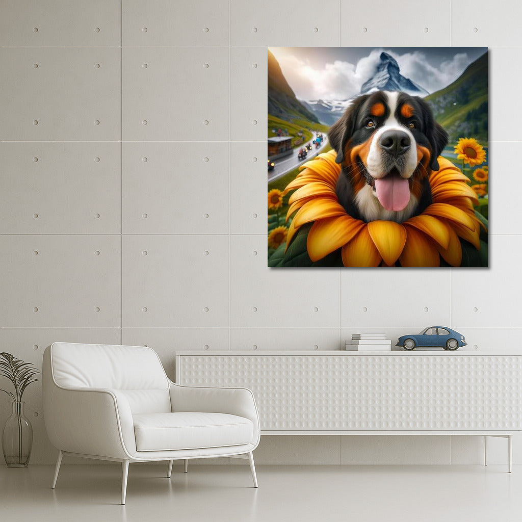 Bernese Mountain Dog on a Giant Flower: A Dream Journey