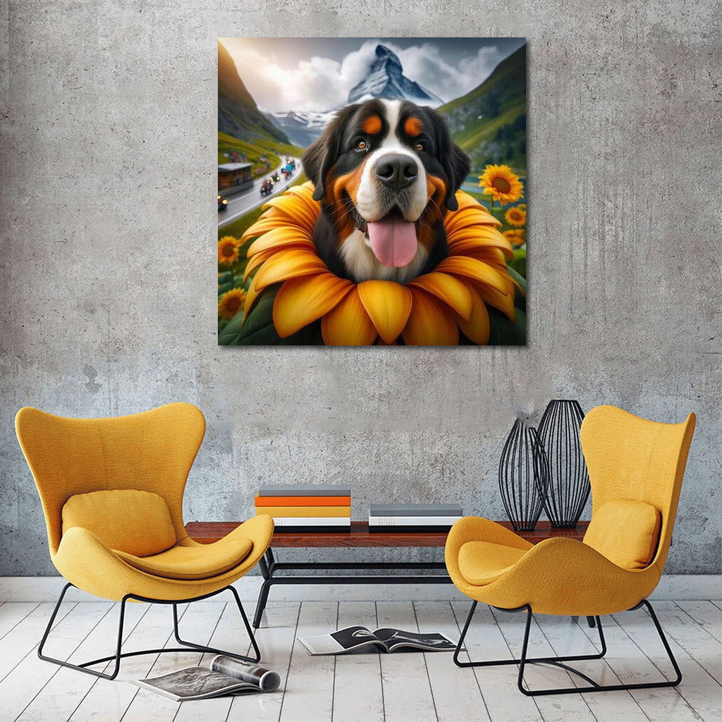 Bernese Mountain Dog on a Giant Flower: A Dream Journey