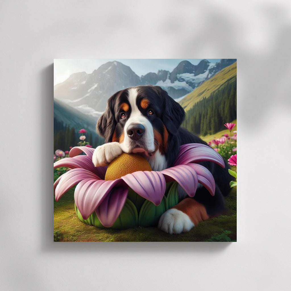 Bernese Mountain Dog on a Traveling Flower: A Magical Adventure