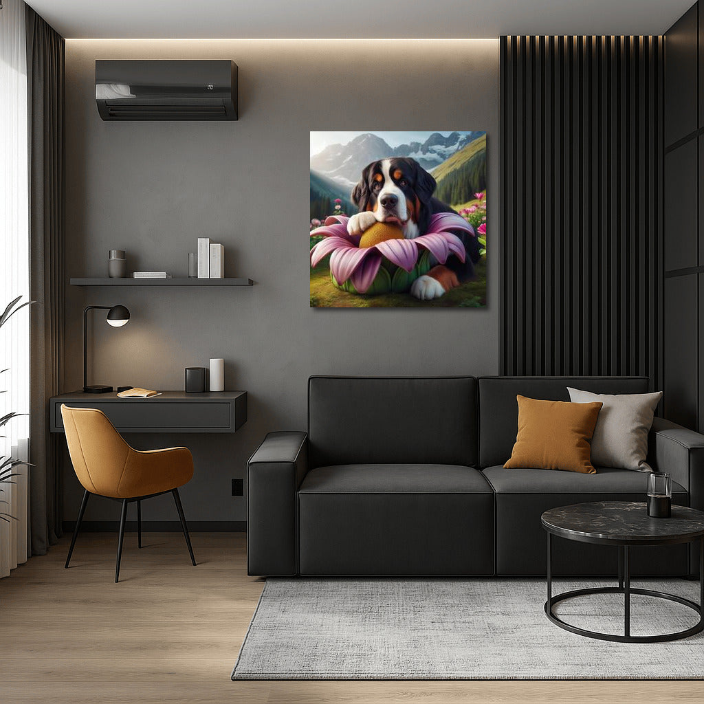 Bernese Mountain Dog on a Traveling Flower: A Magical Adventure
