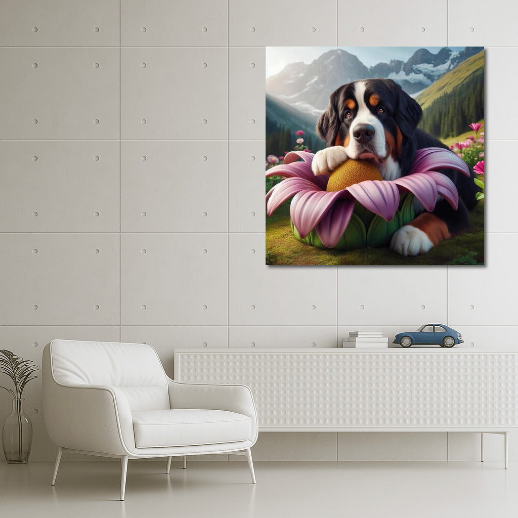 Bernese Mountain Dog on a Traveling Flower: A Magical Adventure