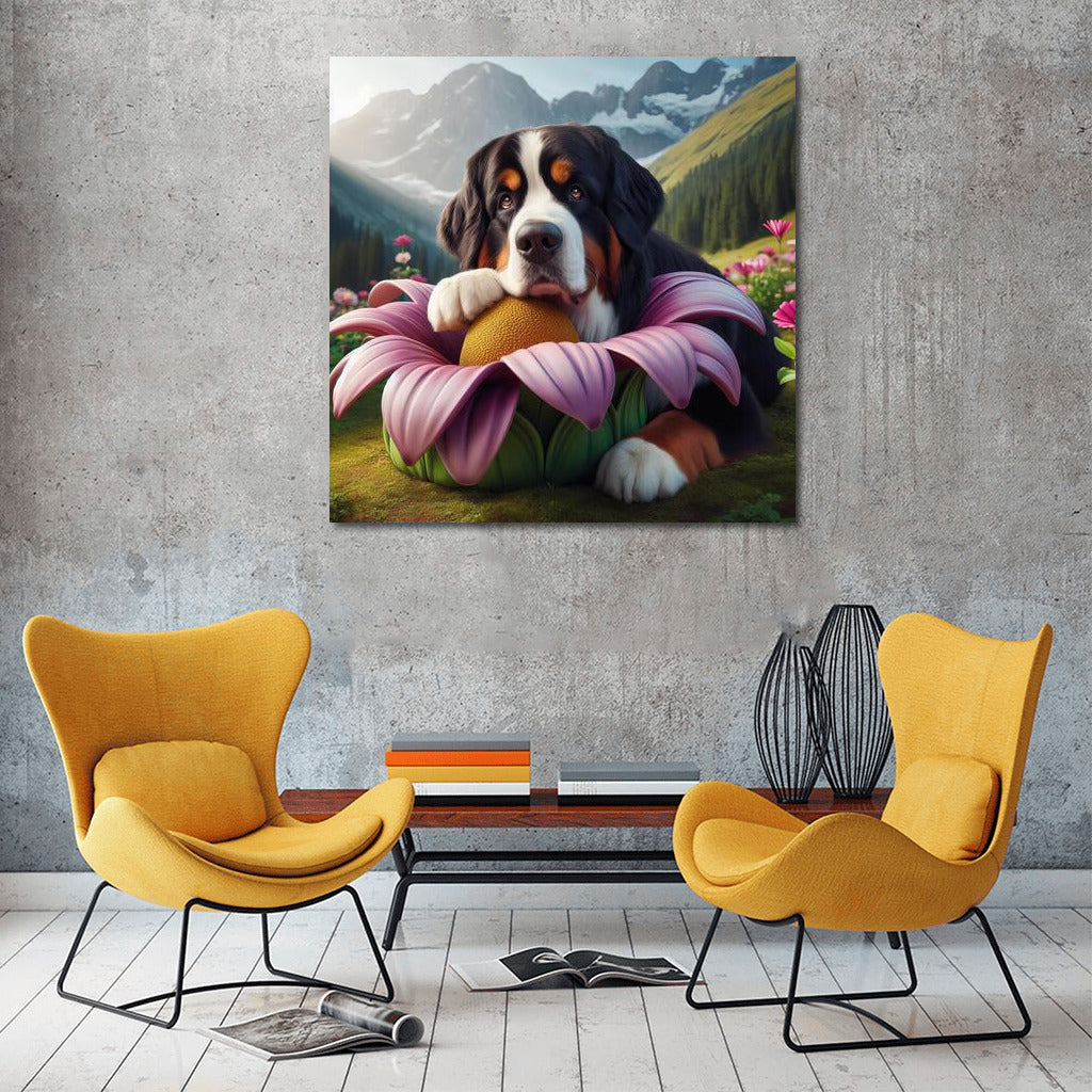 Bernese Mountain Dog on a Traveling Flower: A Magical Adventure