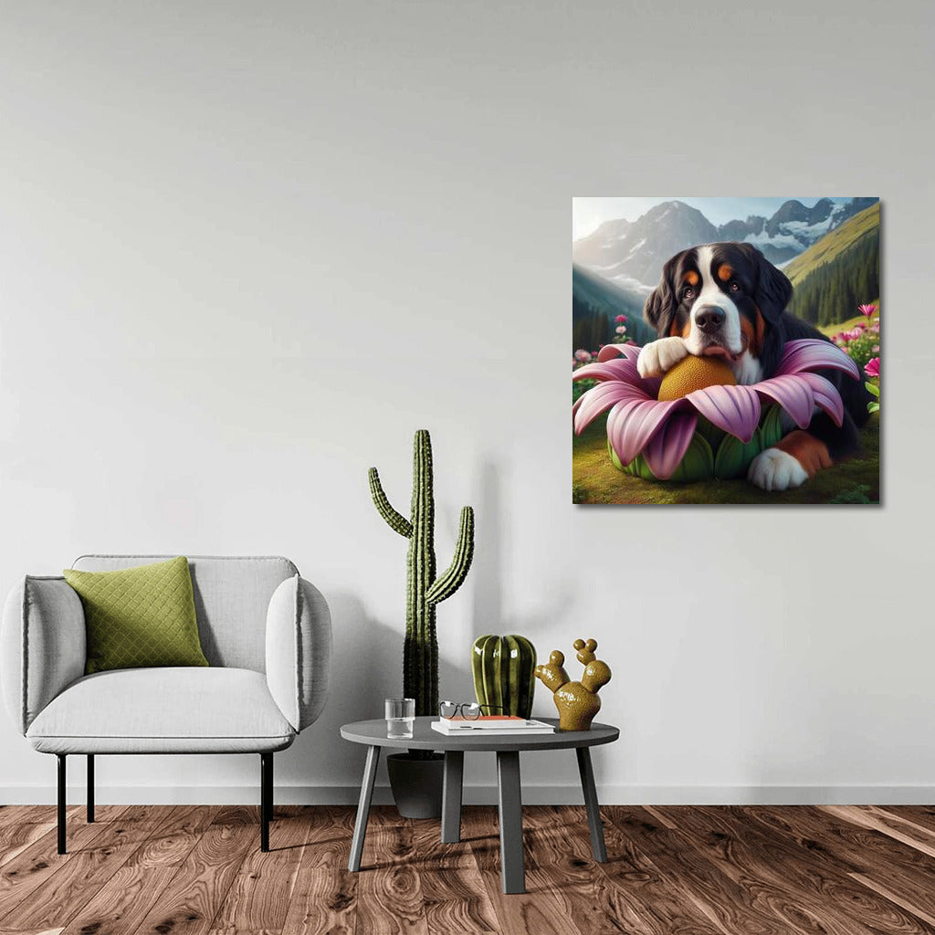 Bernese Mountain Dog on a Traveling Flower: A Magical Adventure
