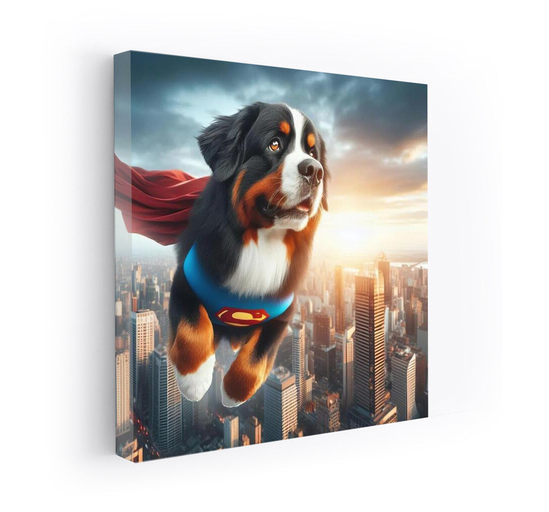 Bernese Mountain Dog Superhero: Flight Over the City