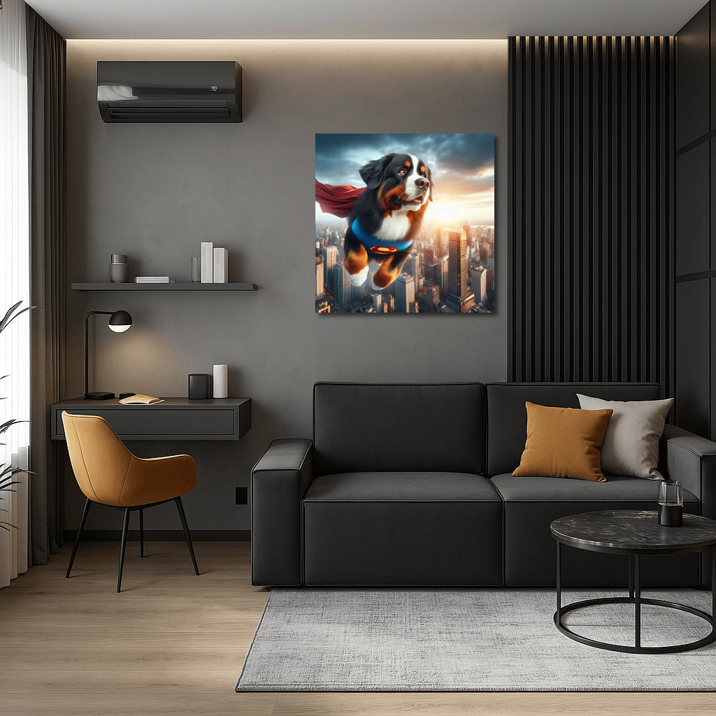 Bernese Mountain Dog Superhero: Flight Over the City