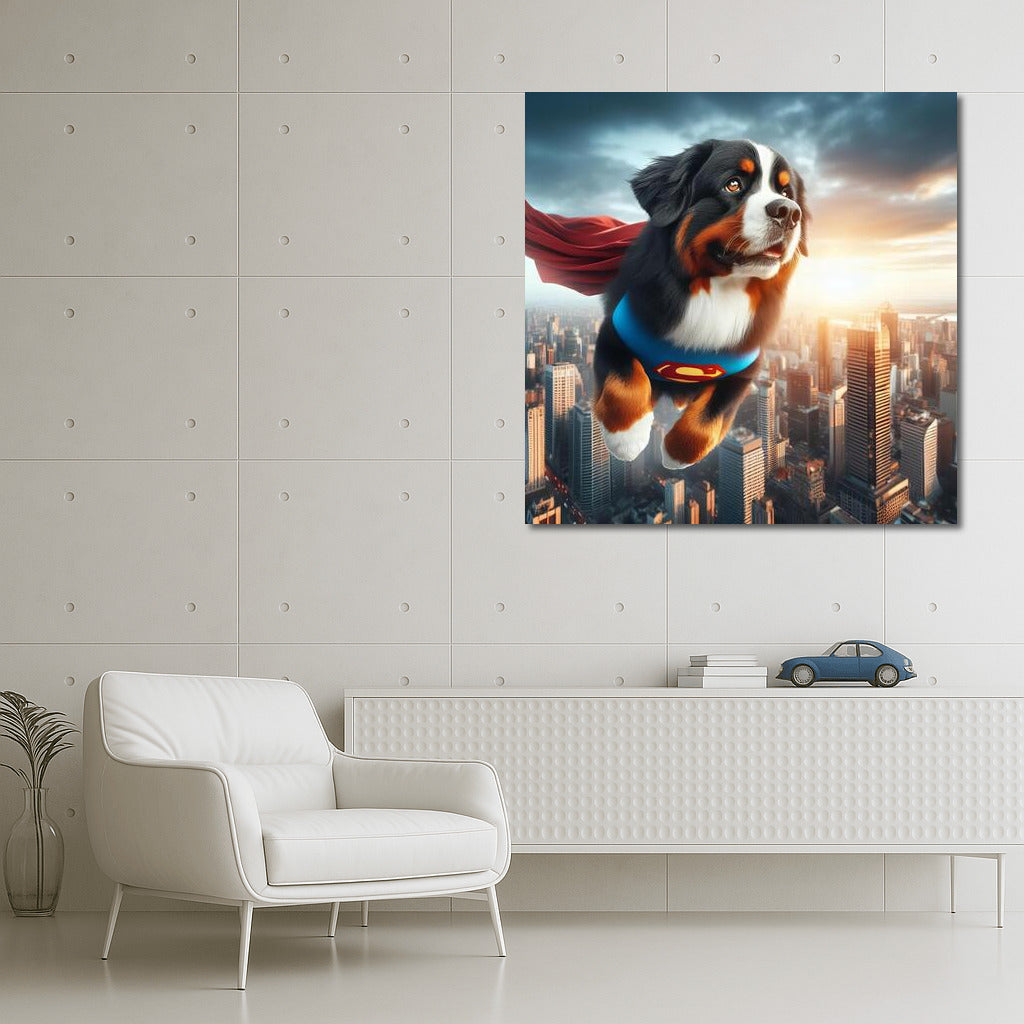 Bernese Mountain Dog Superhero: Flight Over the City