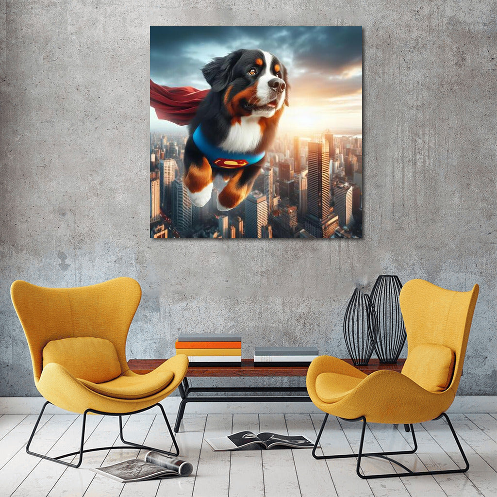 Bernese Mountain Dog Superhero: Flight Over the City