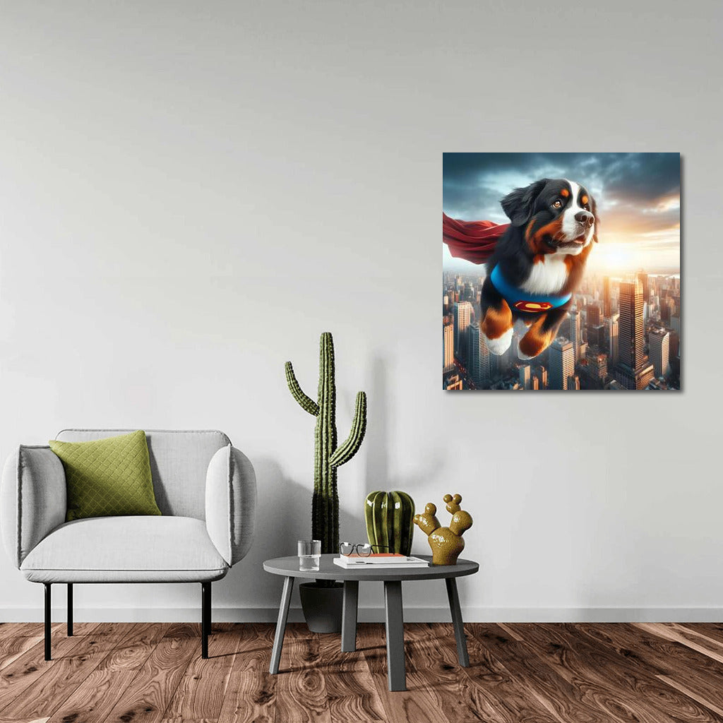 Bernese Mountain Dog Superhero: Flight Over the City