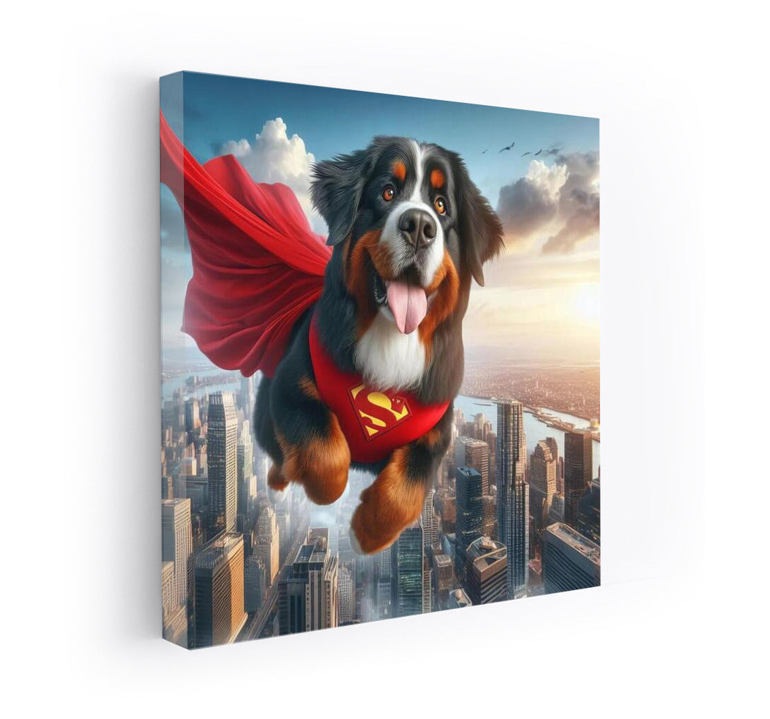 Bernese Mountain Dog Superhero: Flying Over the City
