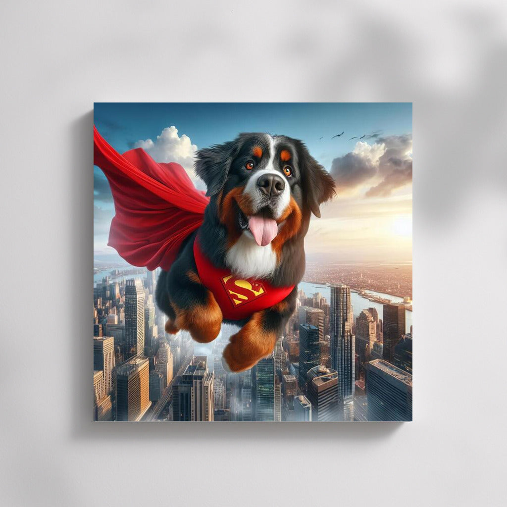 Bernese Mountain Dog Superhero: Flying Over the City