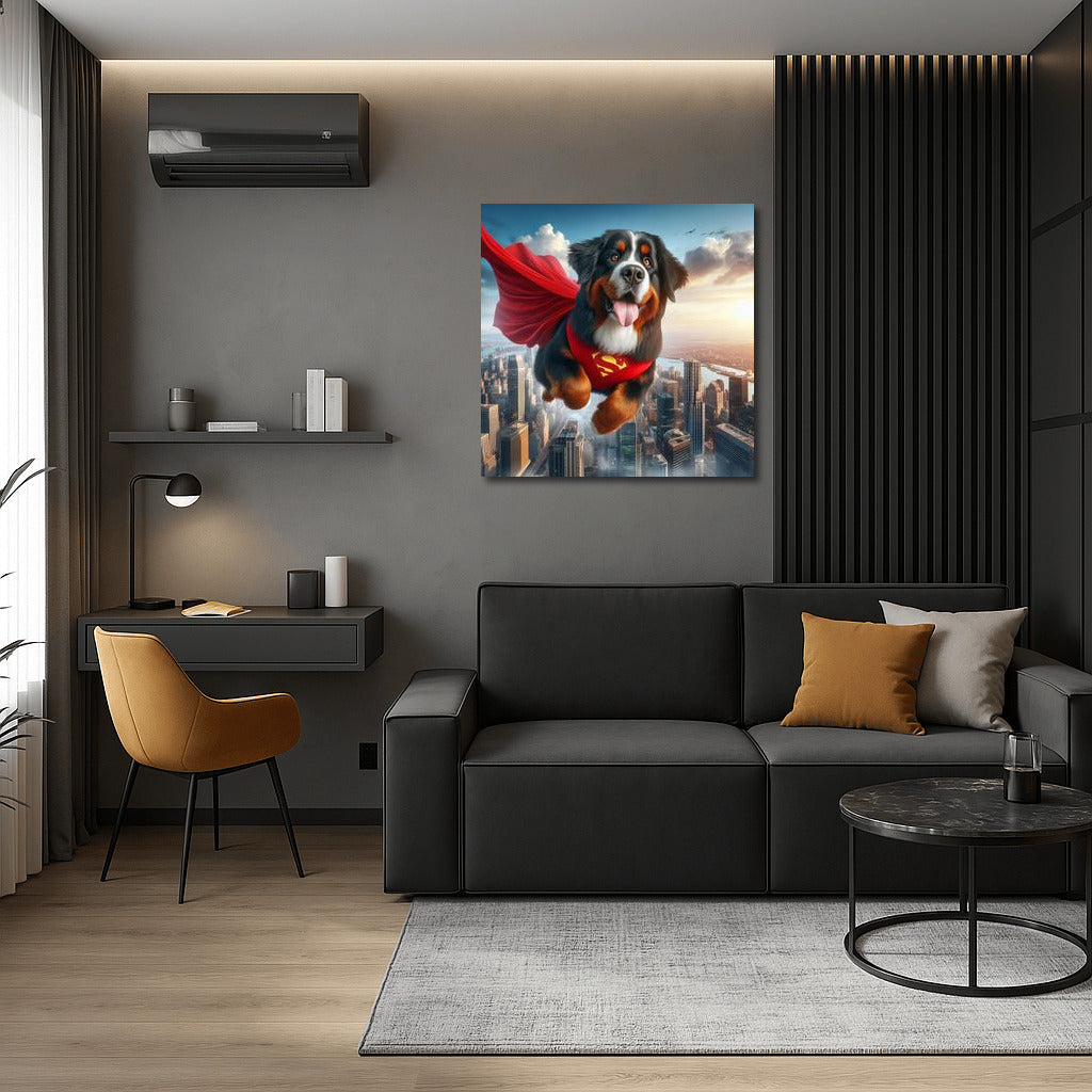 Bernese Mountain Dog Superhero: Flying Over the City