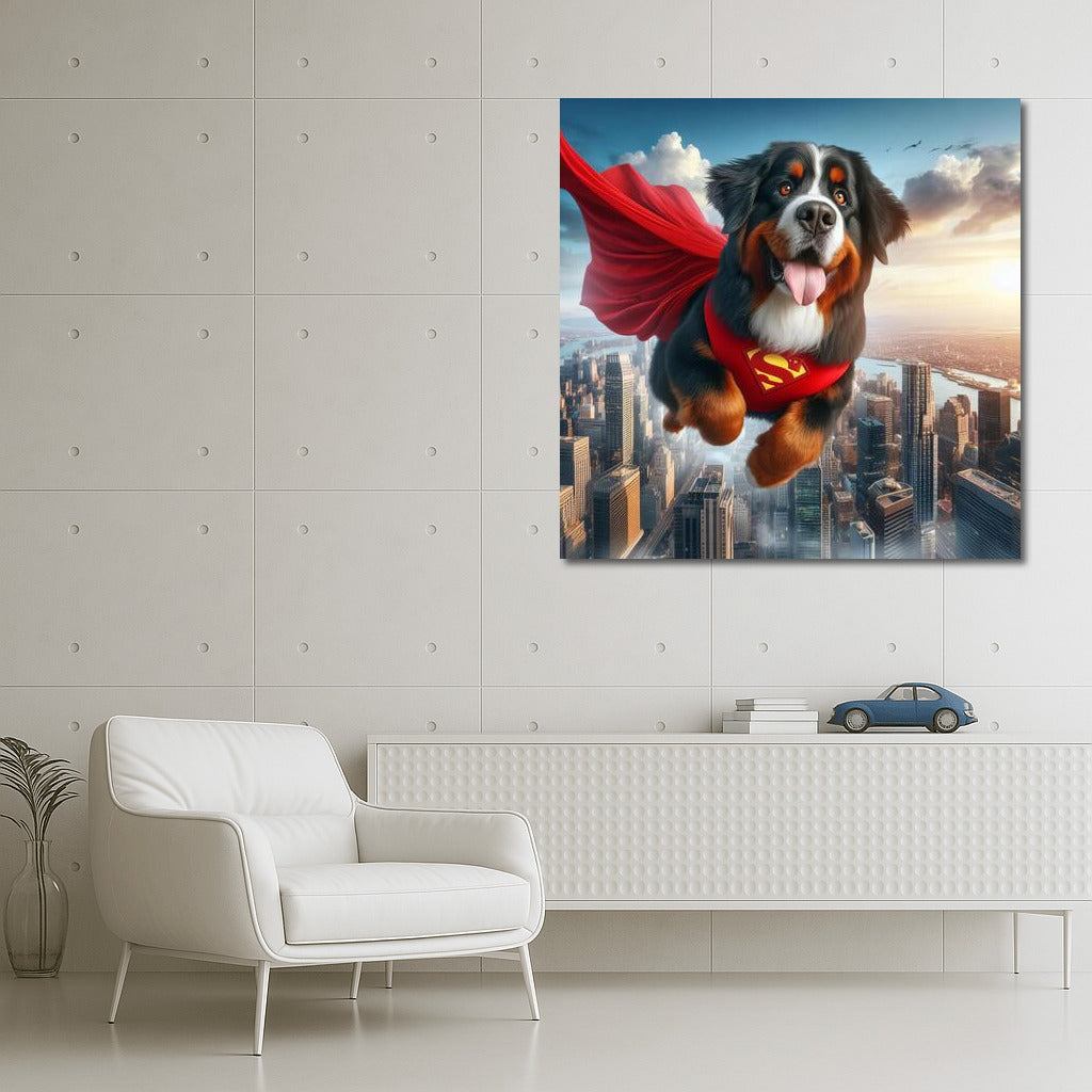 Bernese Mountain Dog Superhero: Flying Over the City