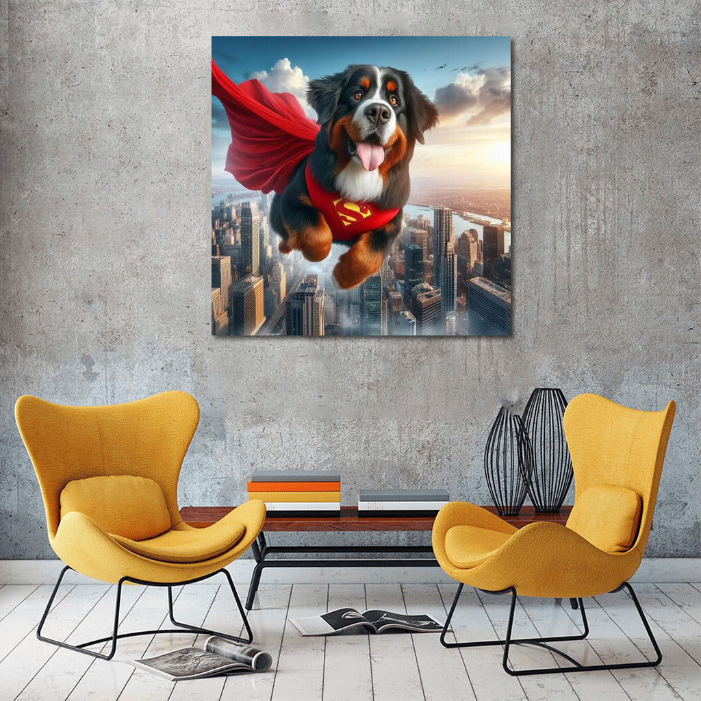 Bernese Mountain Dog Superhero: Flying Over the City