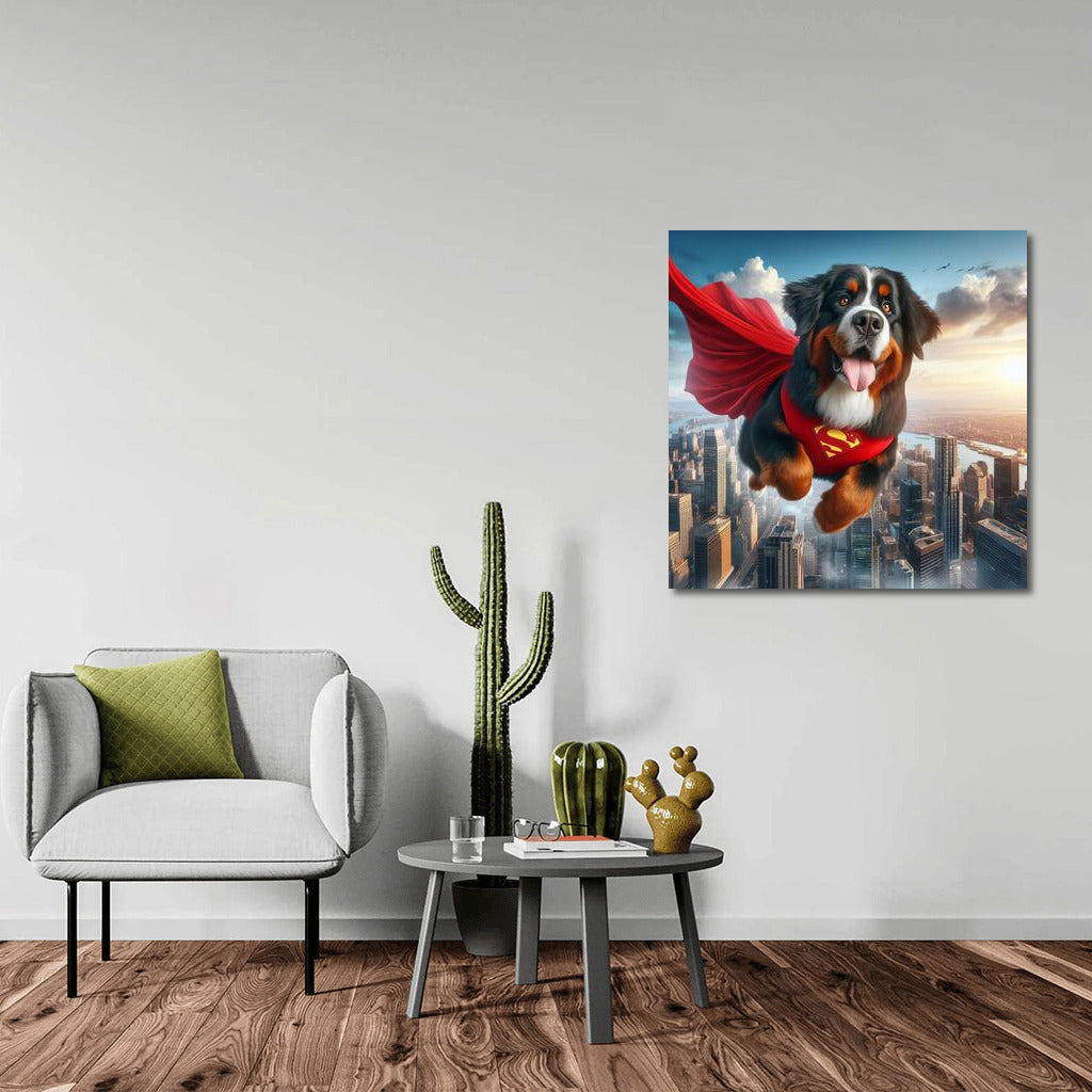 Bernese Mountain Dog Superhero: Flying Over the City