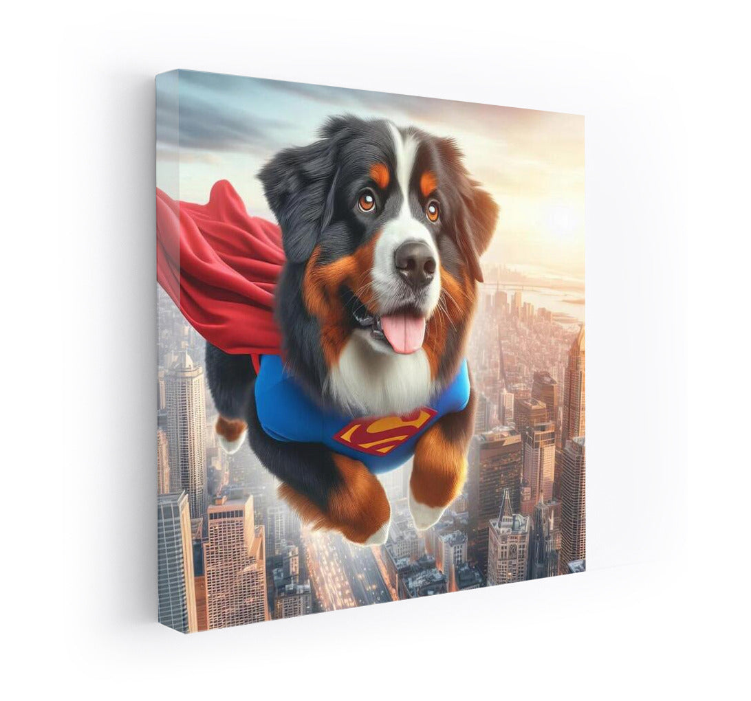 Bernese Mountain Dog Superhero: Flying Over the City