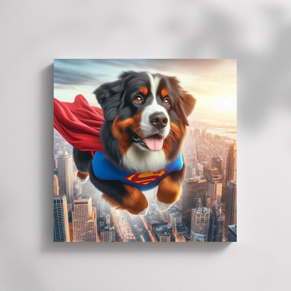 Bernese Mountain Dog Superhero: Flying Over the City