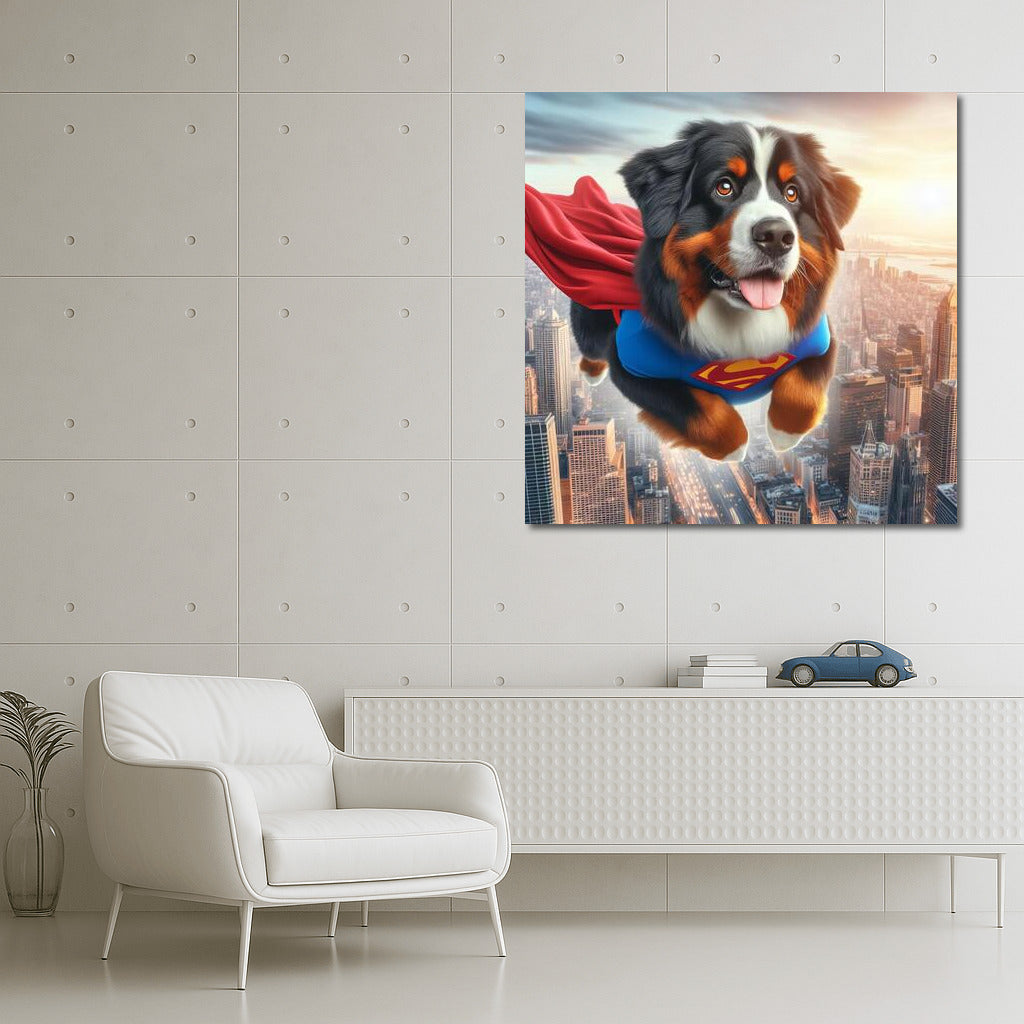 Bernese Mountain Dog Superhero: Flying Over the City