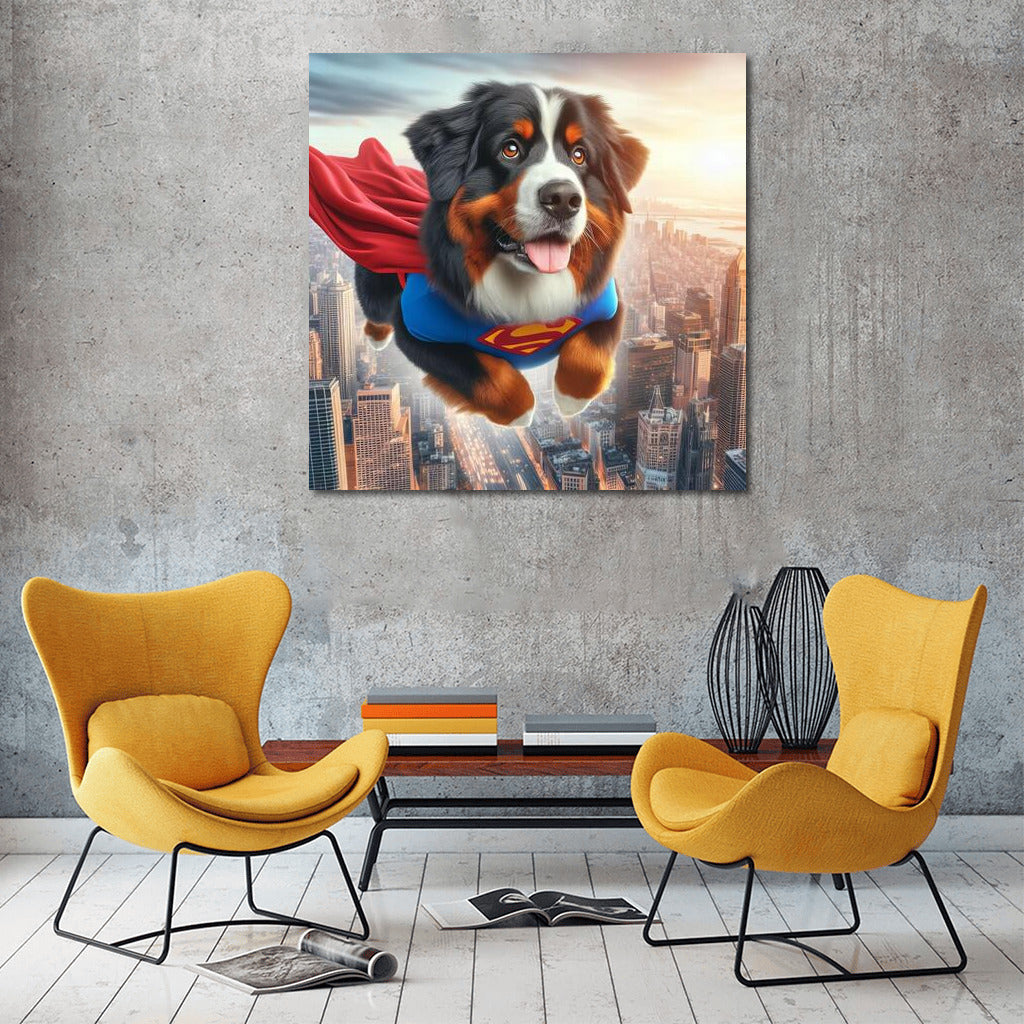 Bernese Mountain Dog Superhero: Flying Over the City