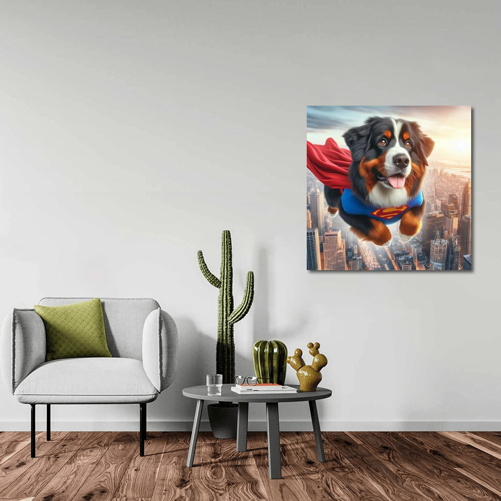 Bernese Mountain Dog Superhero: Flying Over the City