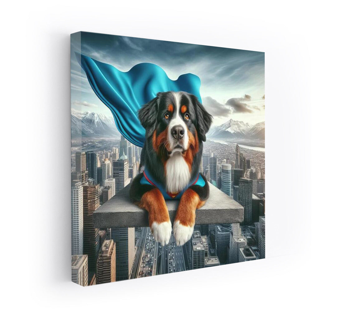 Bernese Mountain Dog Superhero: Flying Over the City