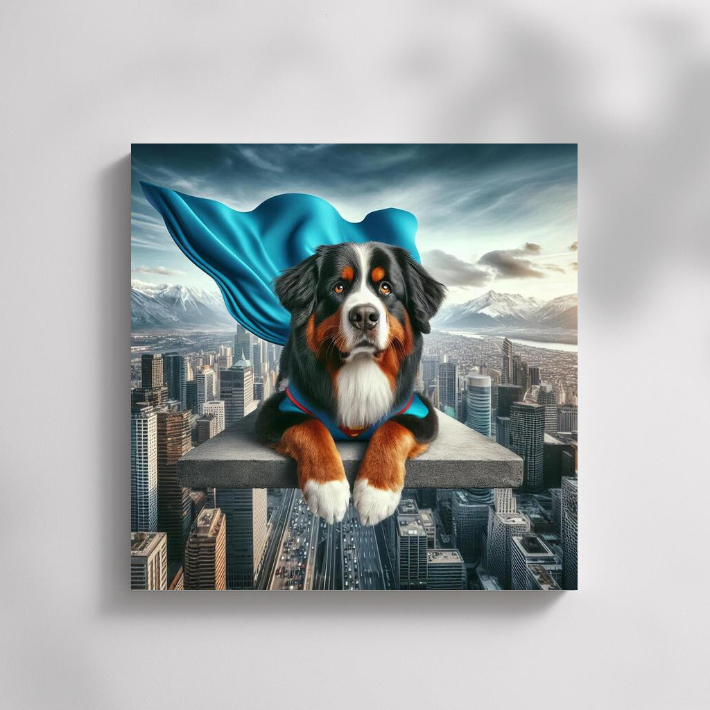 Bernese Mountain Dog Superhero: Flying Over the City
