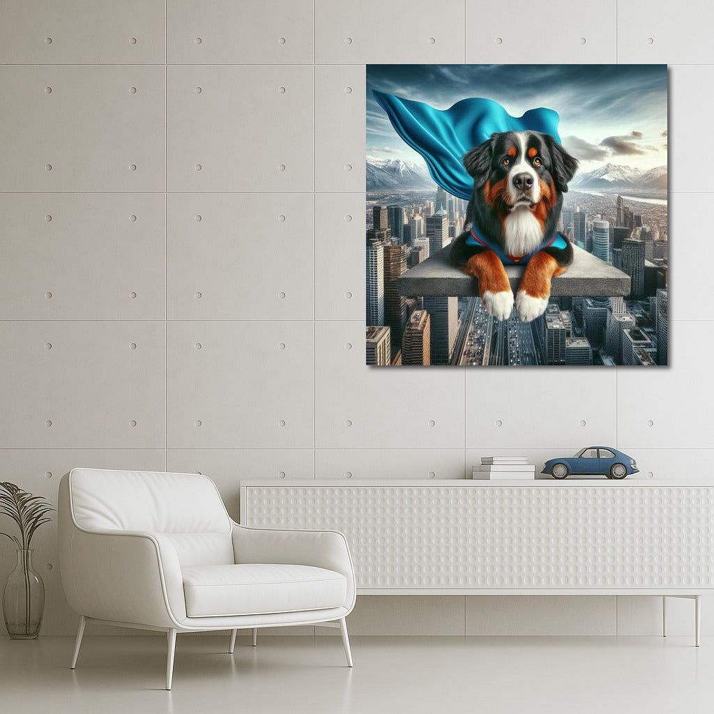 Bernese Mountain Dog Superhero: Flying Over the City