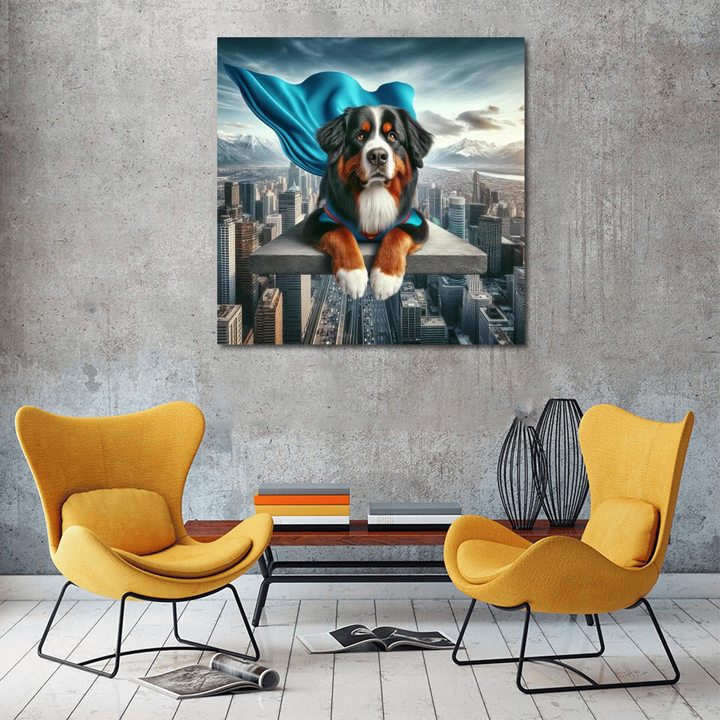 Bernese Mountain Dog Superhero: Flying Over the City