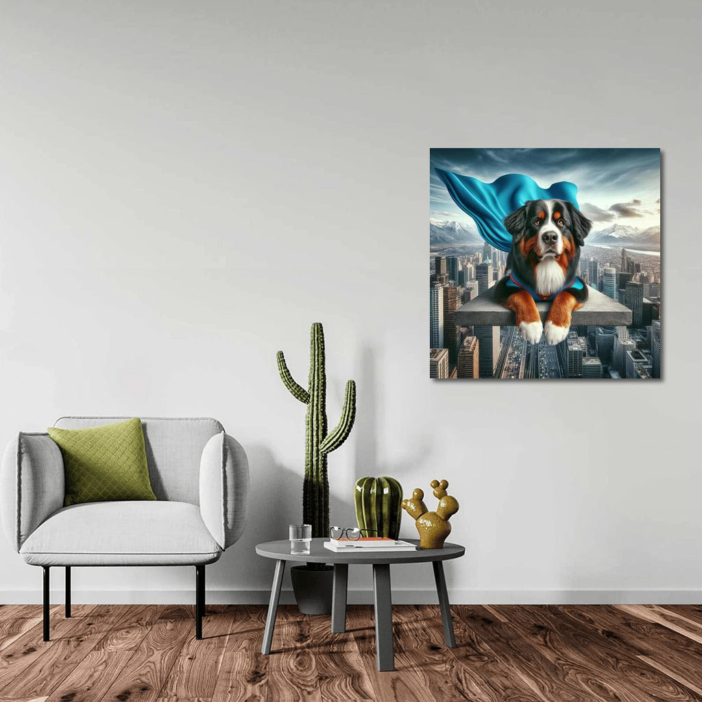 Bernese Mountain Dog Superhero: Flying Over the City
