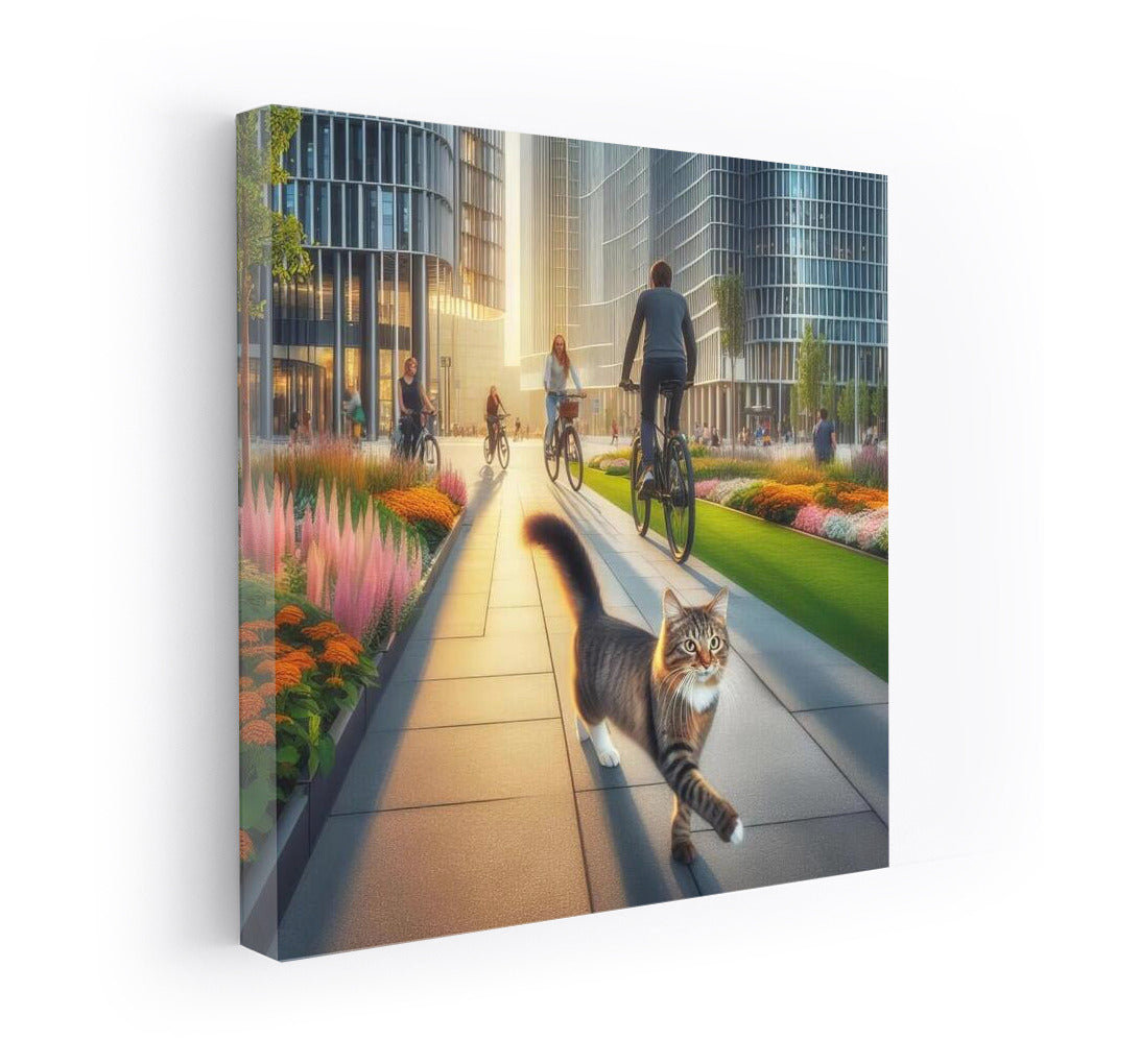 Cat on a bike ride: Picturesque park and flower alleys