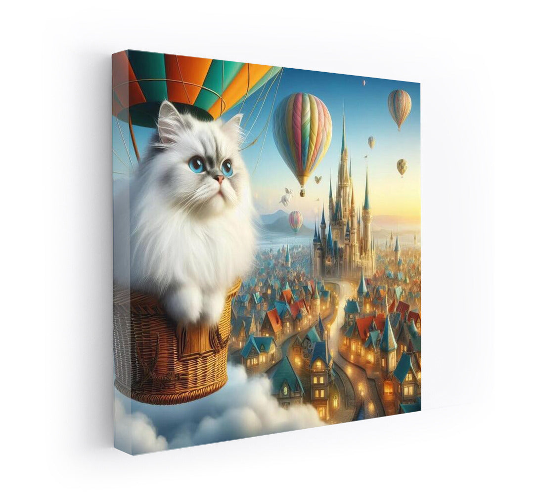 Burmese Cat in a Hot Air Balloon over a Fairytale City