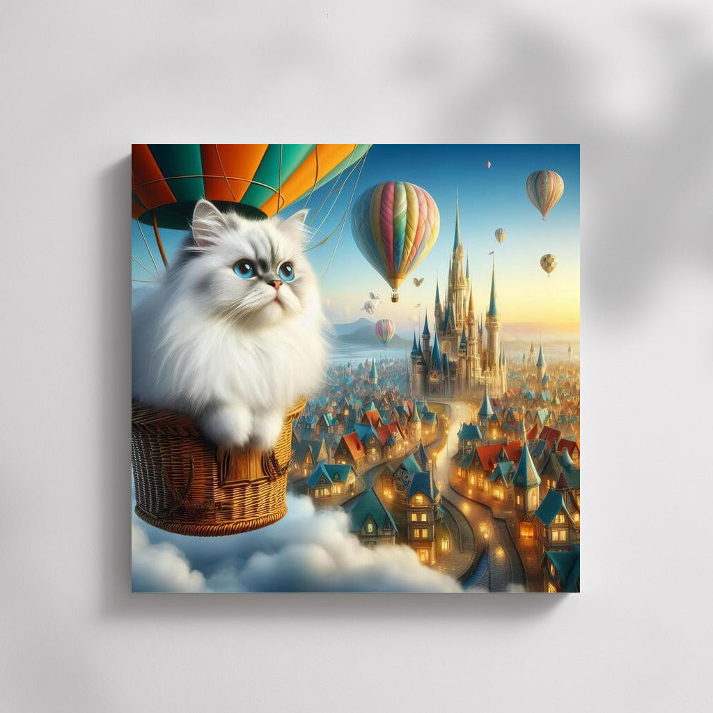 Burmese Cat in a Hot Air Balloon over a Fairytale City