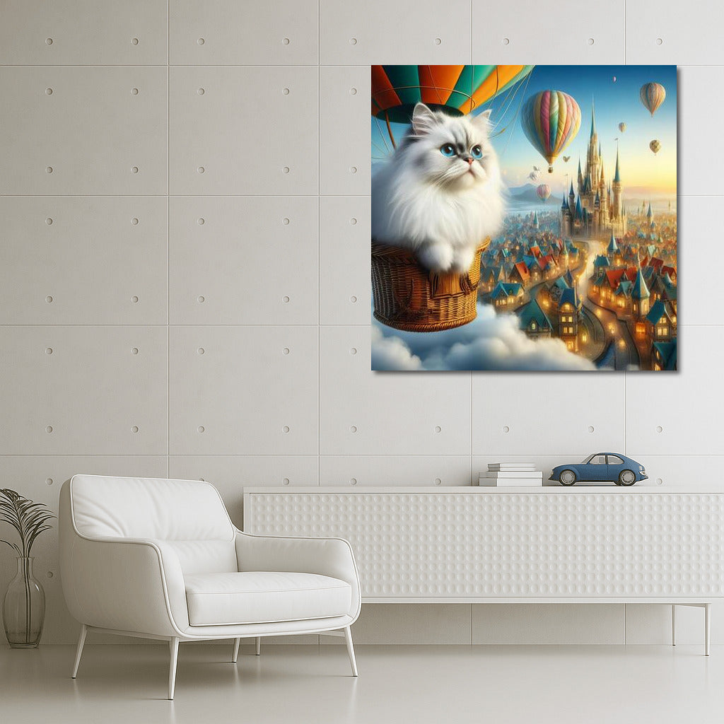 Burmese Cat in a Hot Air Balloon over a Fairytale City