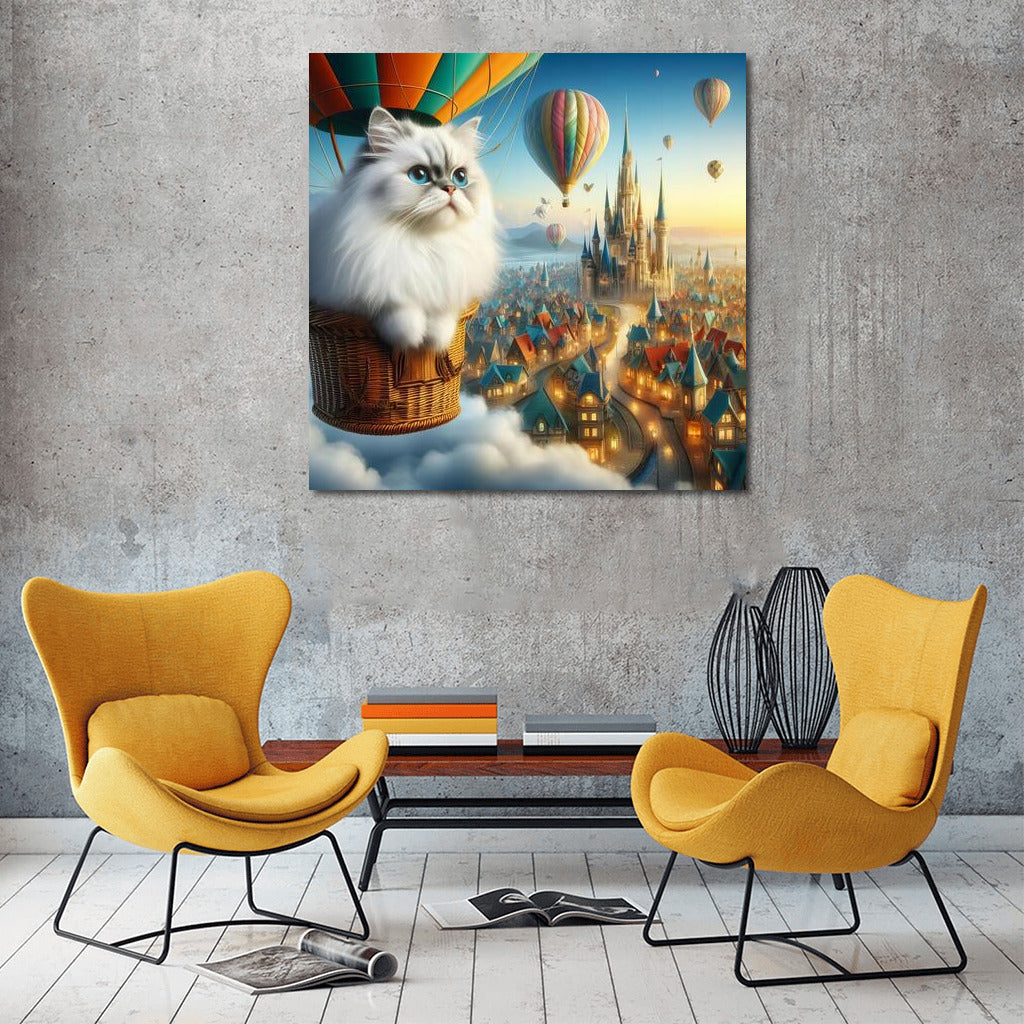 Burmese Cat in a Hot Air Balloon over a Fairytale City