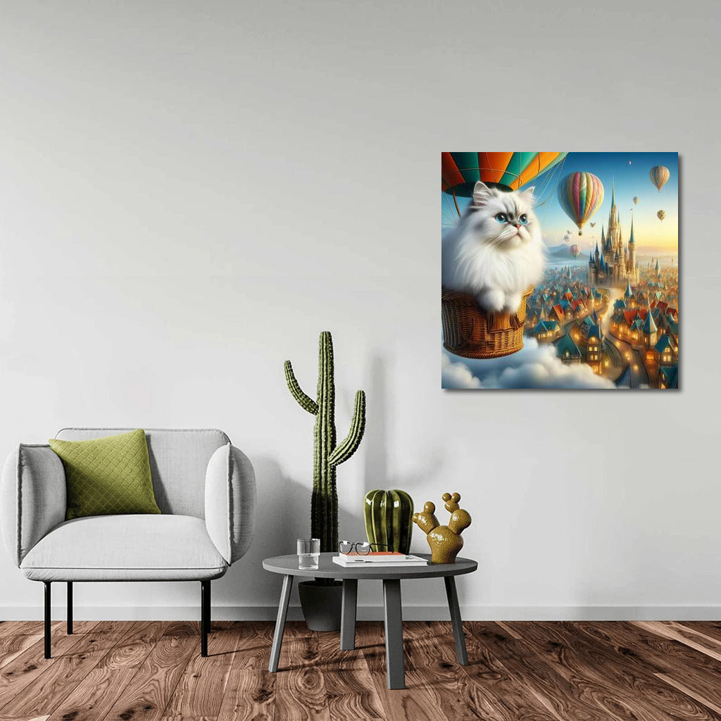 Burmese Cat in a Hot Air Balloon over a Fairytale City