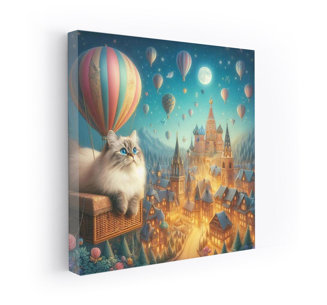 Burmese Cat in a Hot Air Balloon over Fairytale City