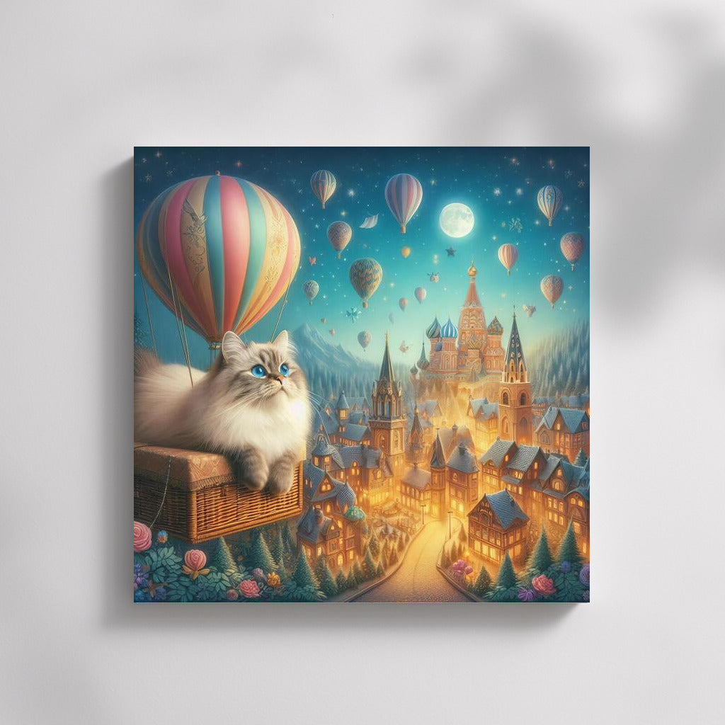 Burmese Cat in a Hot Air Balloon over Fairytale City