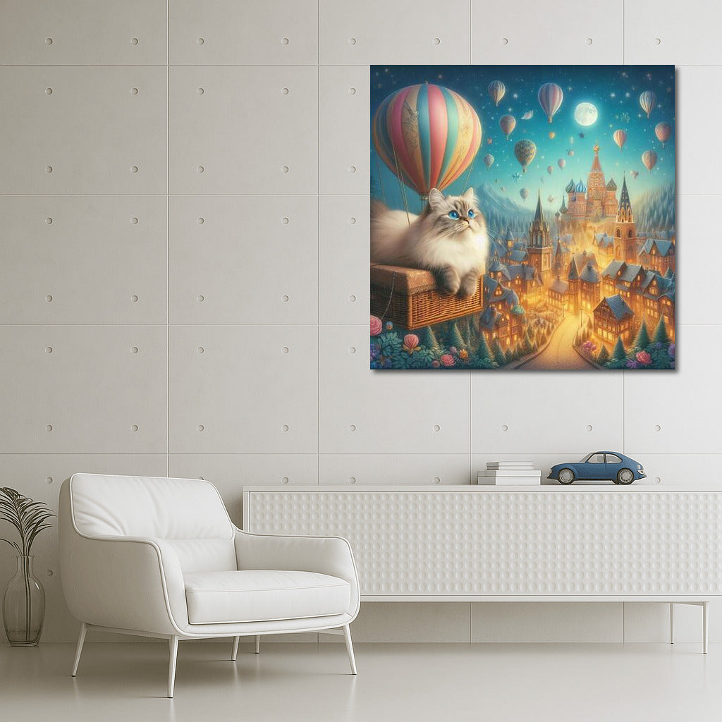 Burmese Cat in a Hot Air Balloon over Fairytale City