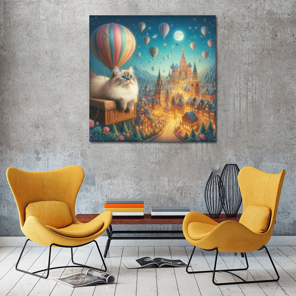Burmese Cat in a Hot Air Balloon over Fairytale City