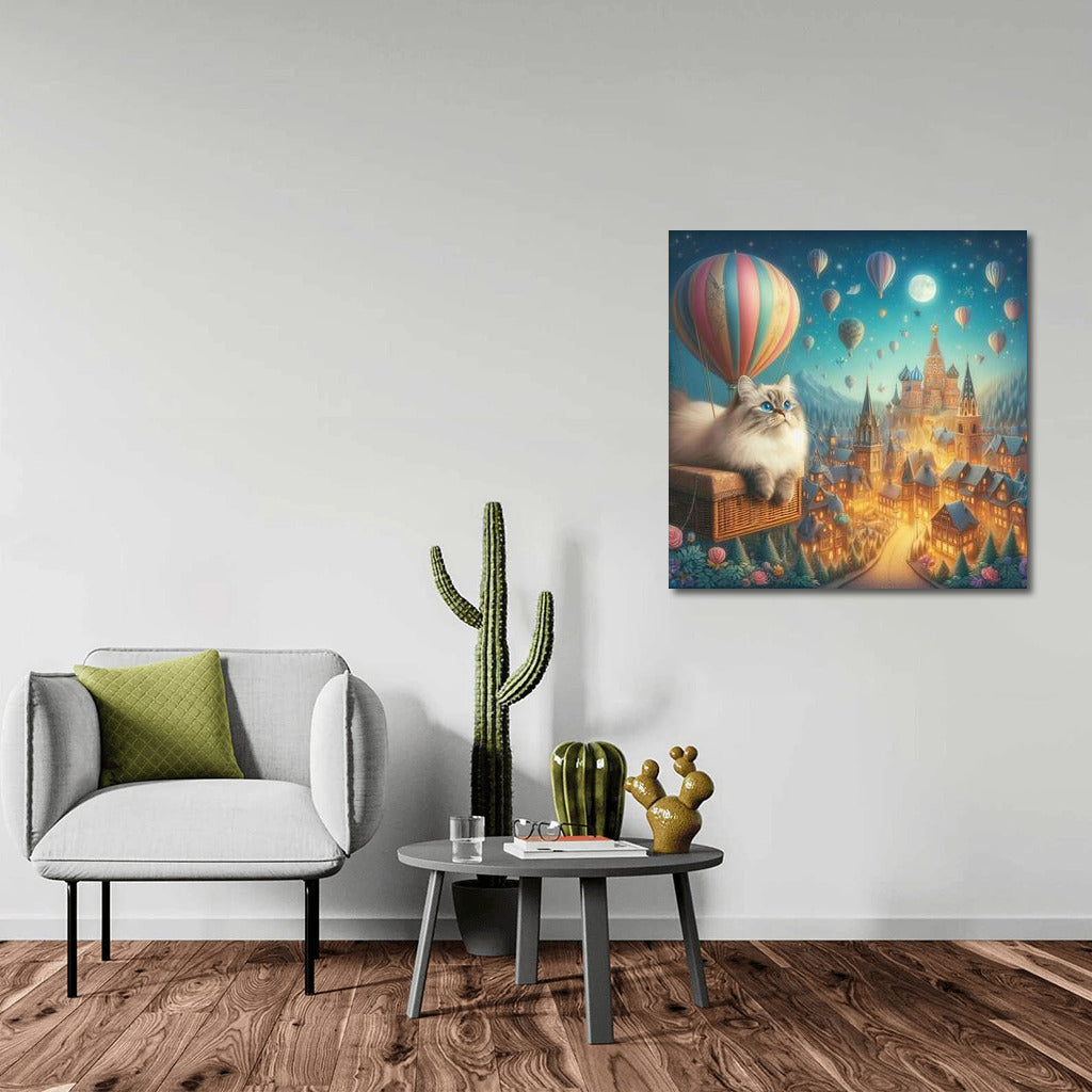 Burmese Cat in a Hot Air Balloon over Fairytale City