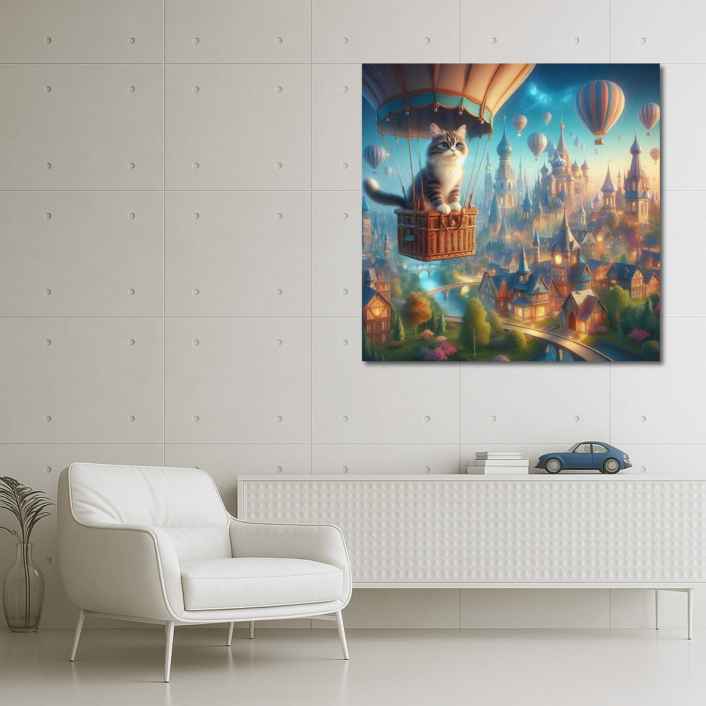 Burmese Cat in a Hot Air Balloon Over a Fairytale City: A Surreal Journey
