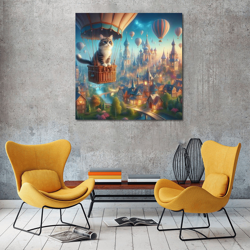 Burmese Cat in a Hot Air Balloon Over a Fairytale City: A Surreal Journey