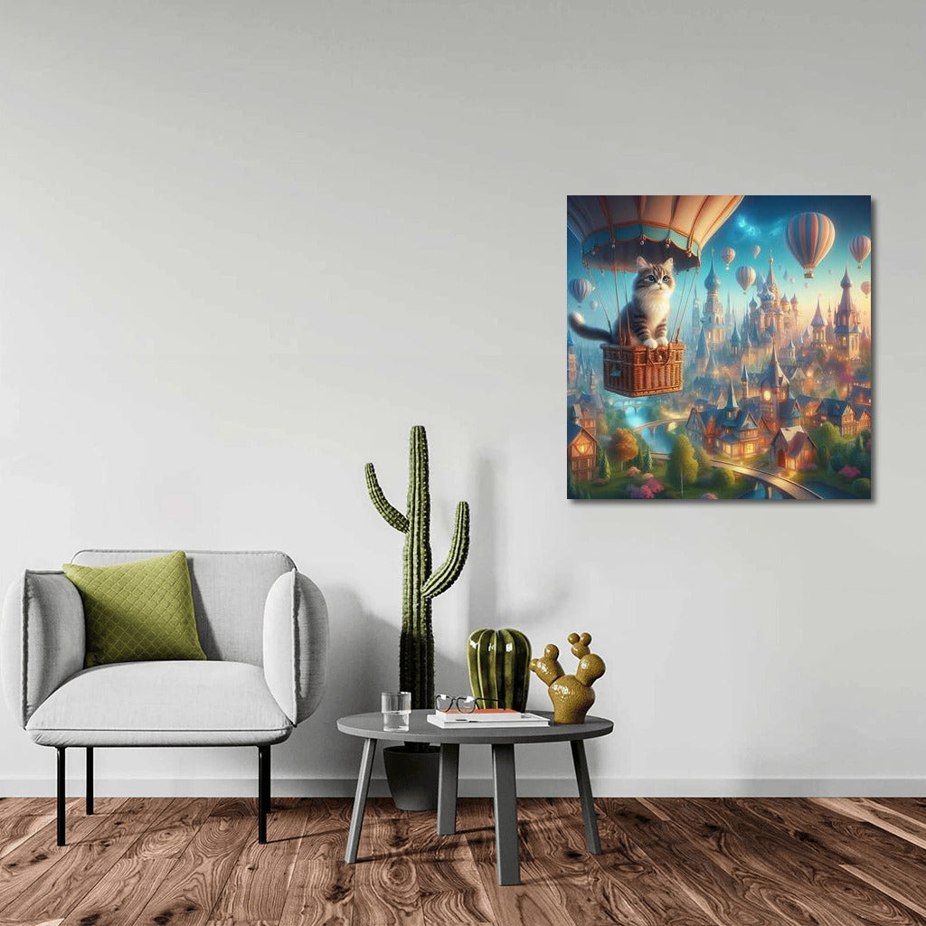 Burmese Cat in a Hot Air Balloon Over a Fairytale City: A Surreal Journey