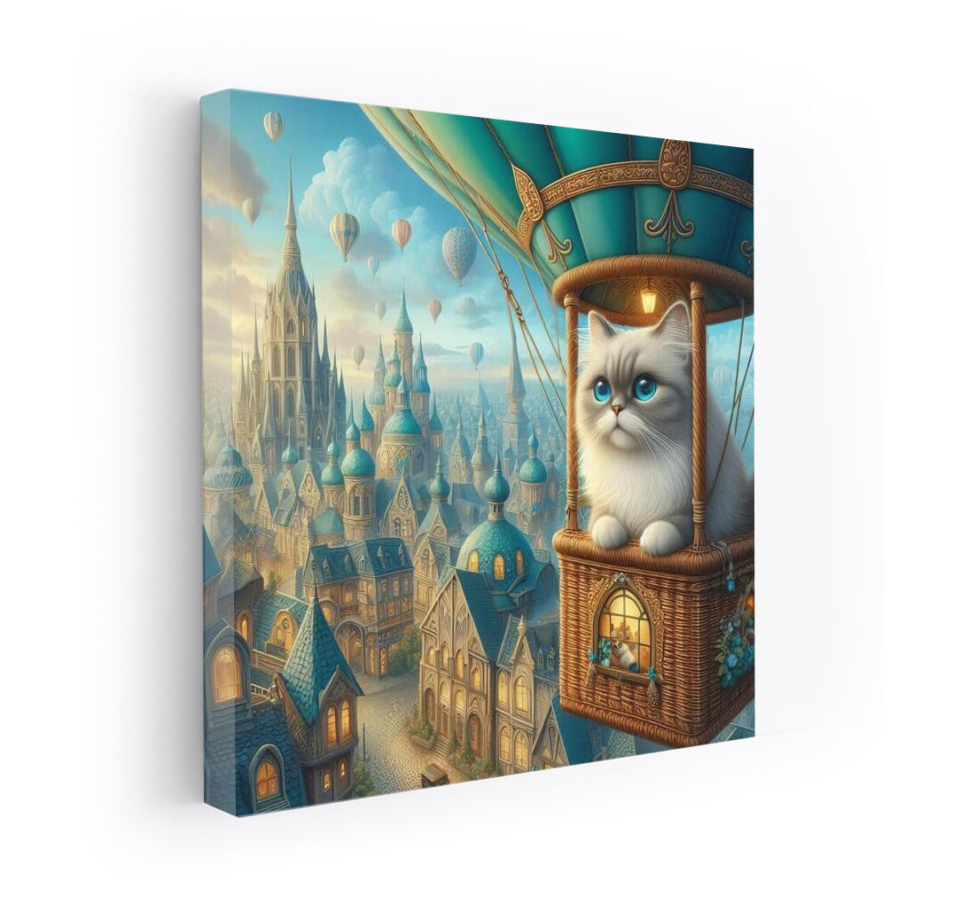 Burmese Cat in a Hot Air Balloon over a Fairytale City