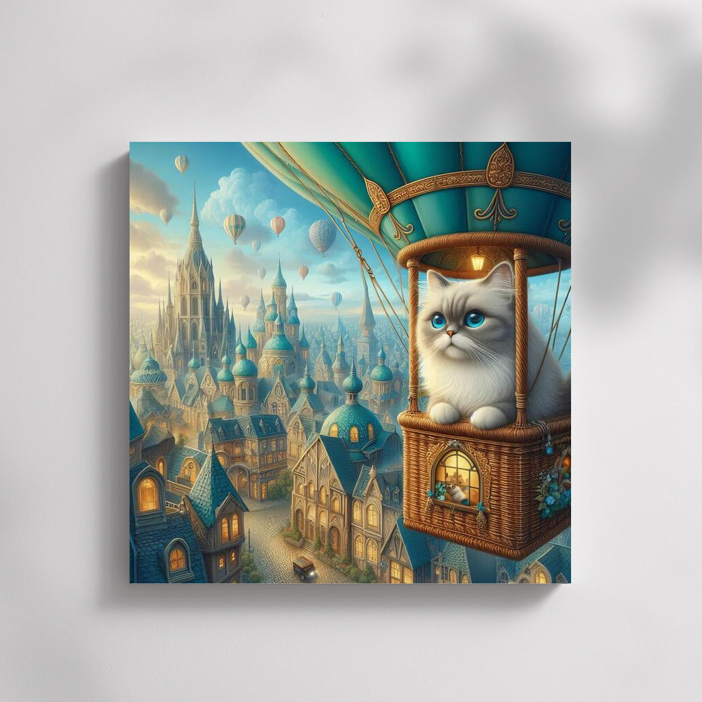 Burmese Cat in a Hot Air Balloon over a Fairytale City