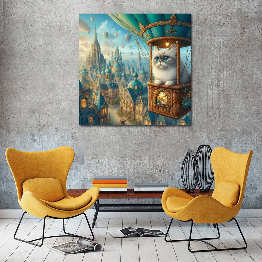 Burmese Cat in a Hot Air Balloon over a Fairytale City
