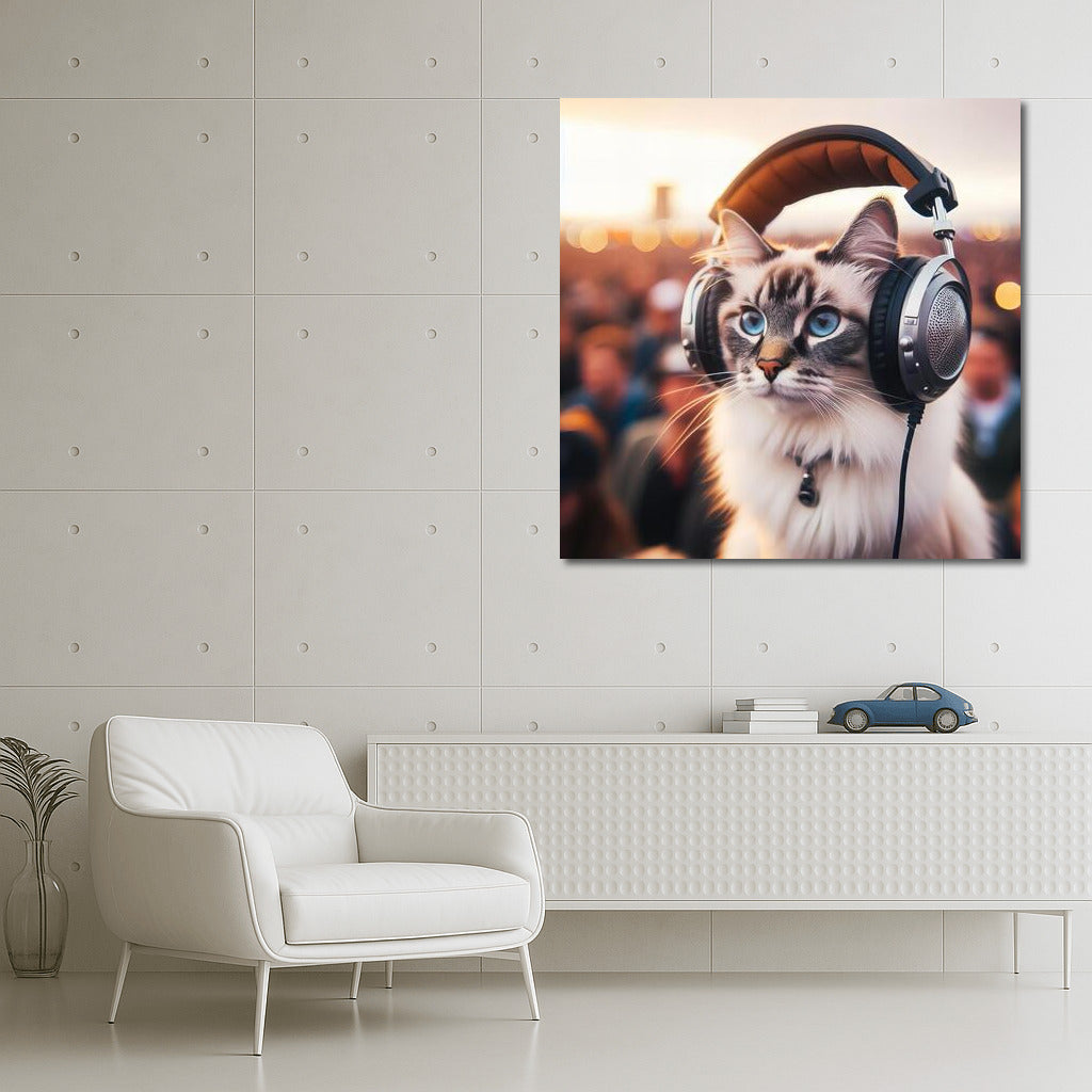 Burmese Cat Wears Stylish Headphones at Music Festival