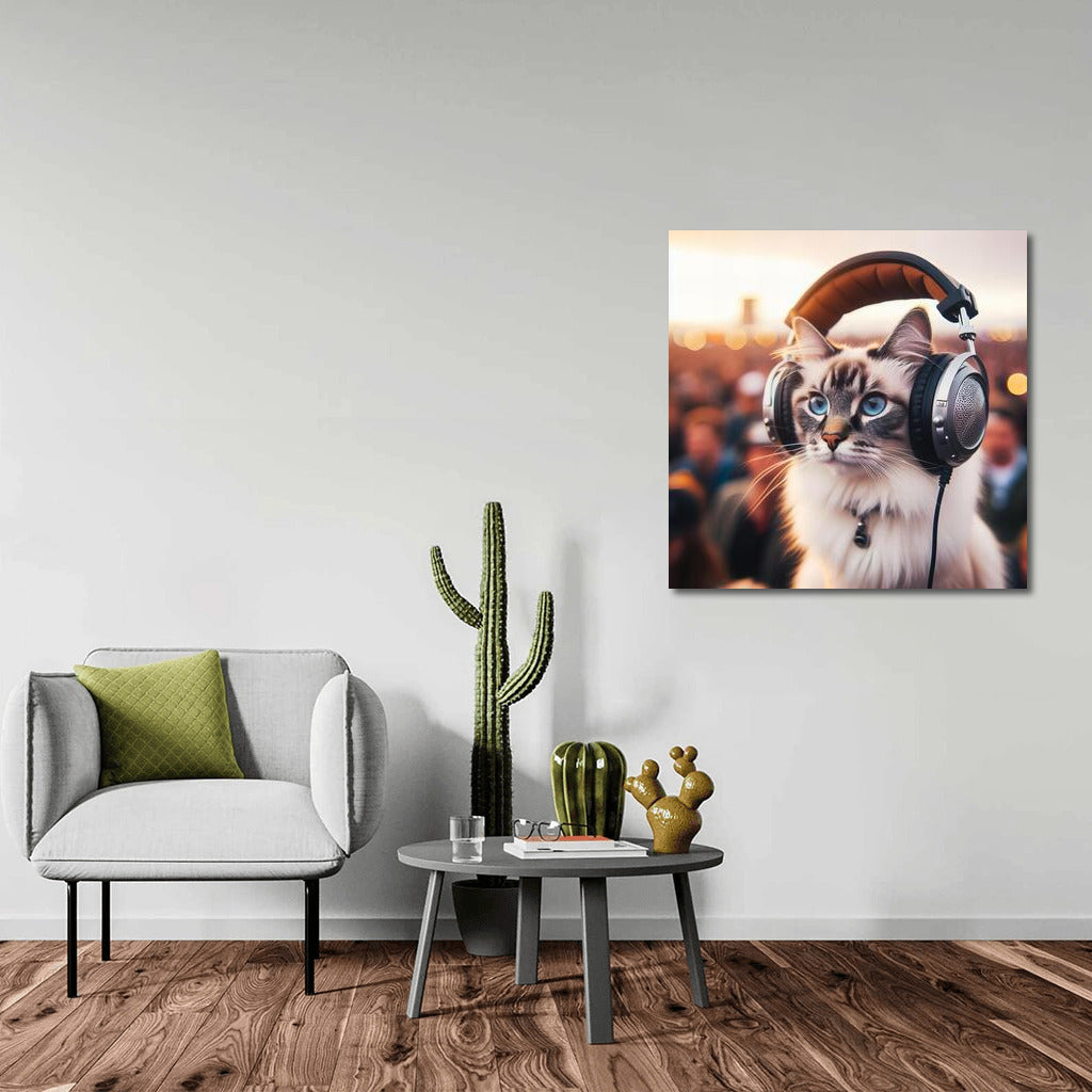 Burmese Cat Wears Stylish Headphones at Music Festival
