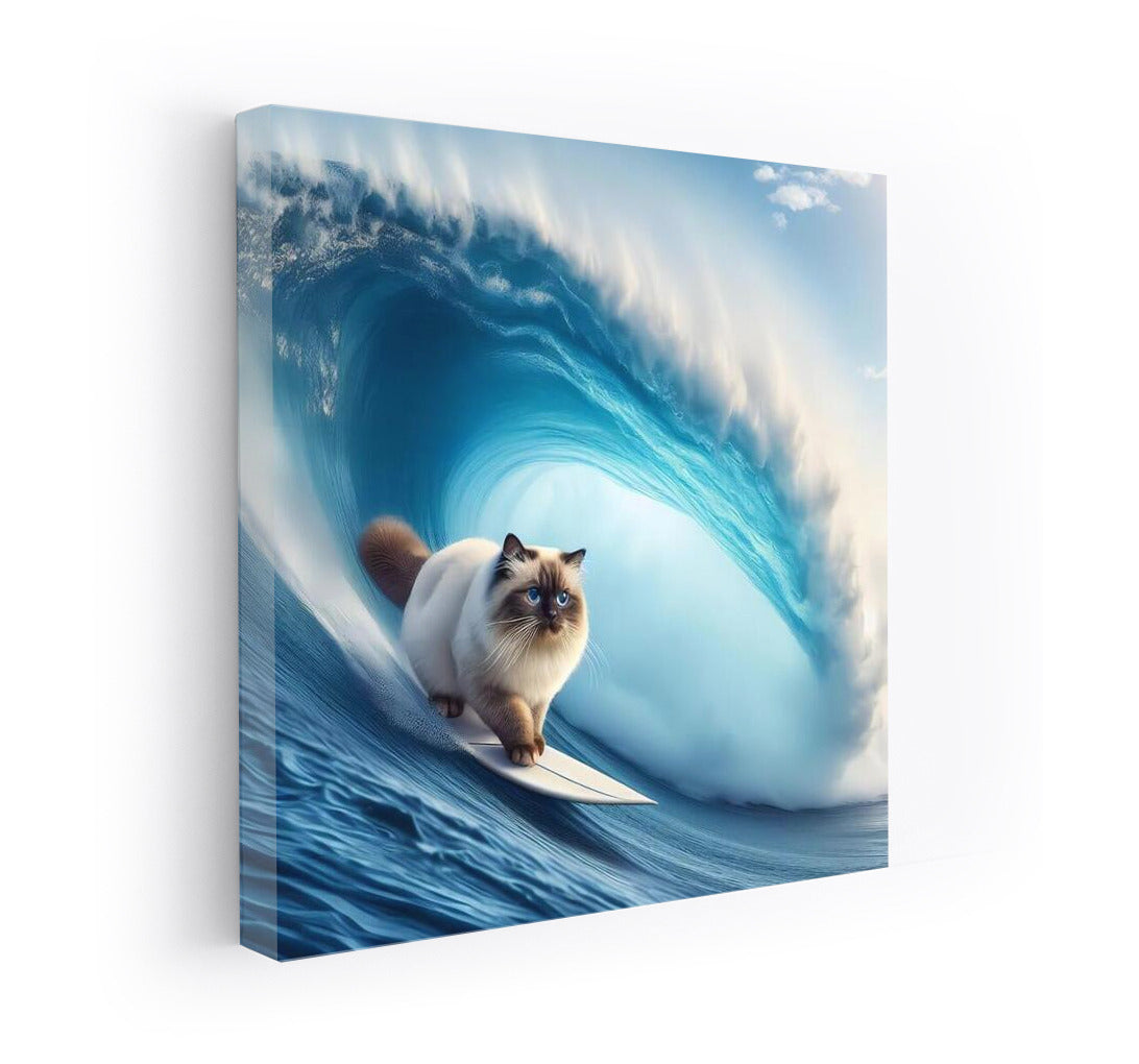 Birman Cat Riding a Giant Wave: Surfing Feline Style